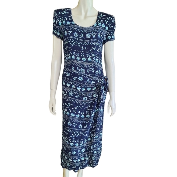 VINTAGE 90s Wrap Skirt Dress XS Navy Turquoise Column Midi Coastal Vacation - Picture 1 of 9